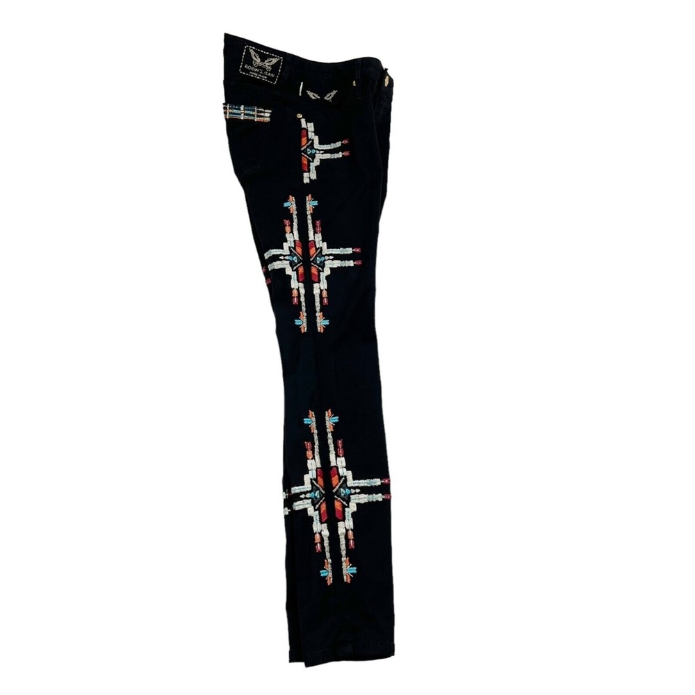 Vtg Y2K Robins Jeans Stretch Blk Denim Low Rise Chapa Embroidered Navaho Aztec - Picture 9 of 16
